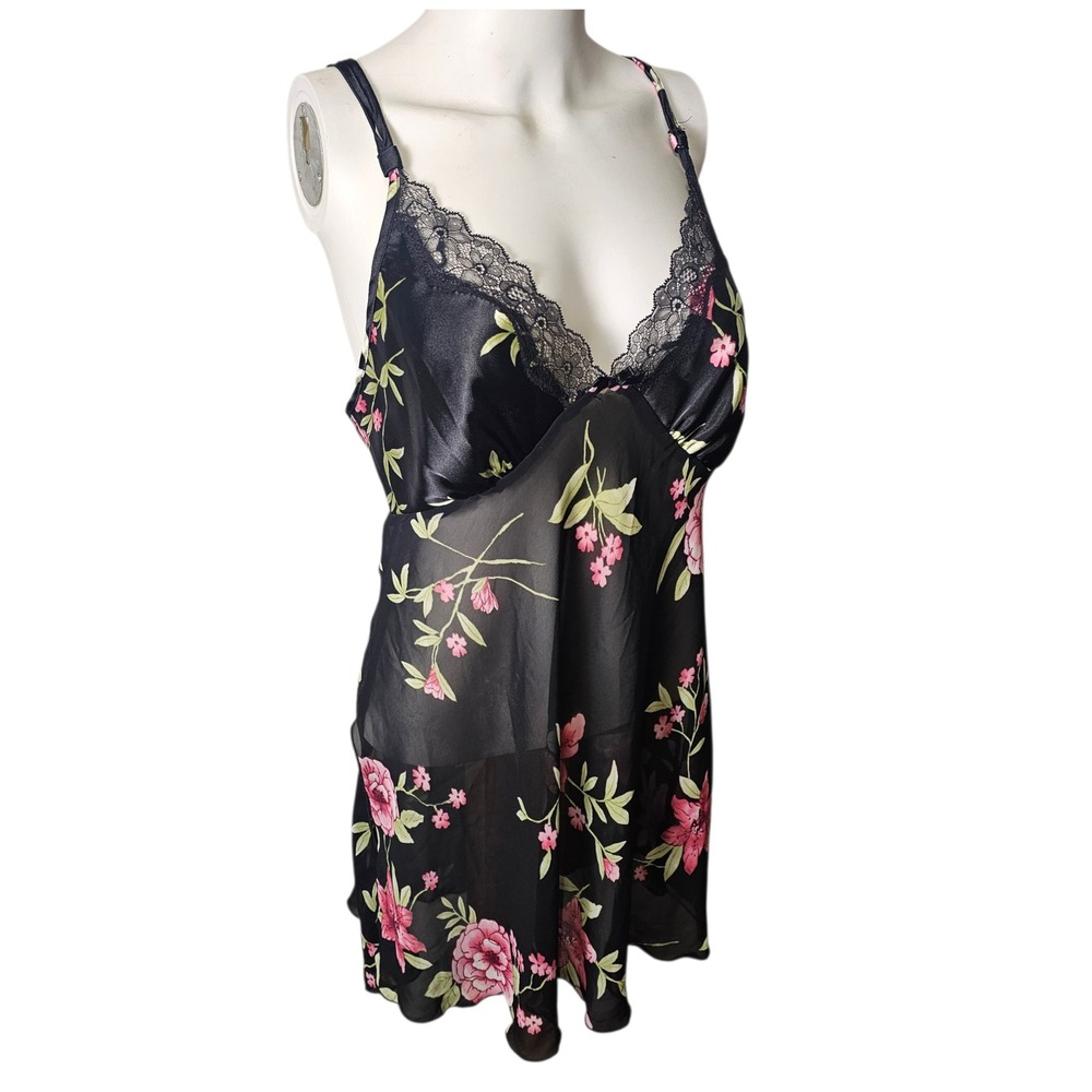 VTG M Babydoll Camisole Top Black Dark Floral Sheer Lace Y2K Dark Romantic